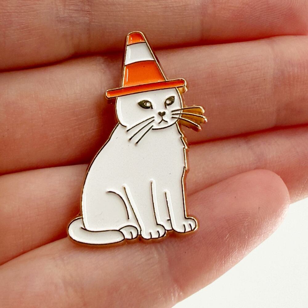 White Cat Traffic Cone Enamel Pin Cute Kawaii Kitty Funny Road Safety
